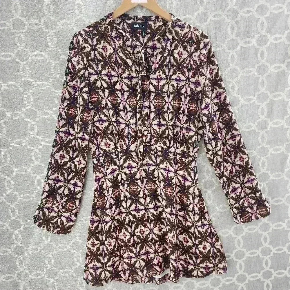 fab'rik Long sleeve Printed Tied Keyhole Neck Chiffon Shift Dress L